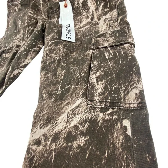 Purple-Brand Marbled Brown Camo Button Fly Distressed Cargo Jean Size 31x32